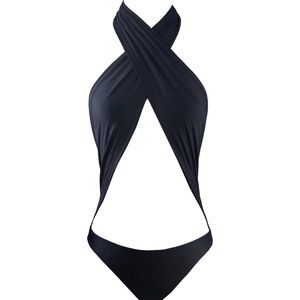 Monokini one piece bathing suit swim sexy deep plunge halter swim